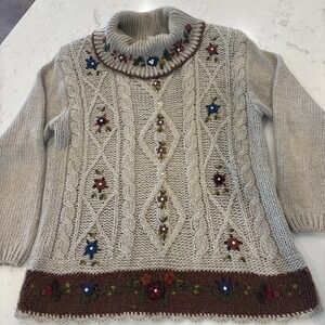 VTG 1990s Oversized Handknit Turtleneck Sweater Pearls Embroidery Cableknit Sz M